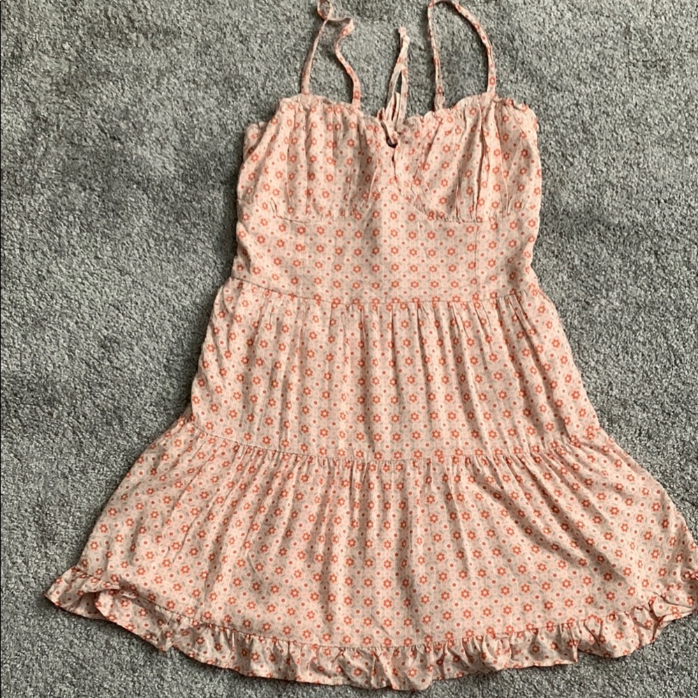 Hollister pastel peach green floral mini dress ruffles romantic boho size large